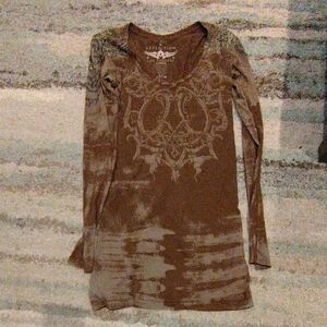 Affliction Long Sleeve Brown Graphic Tunic with Ornate Front